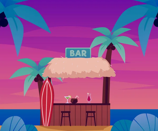 Bungalow Bar Con Techo Paja Cerca Palmeras Playa Tabla Surf — Vector de stock