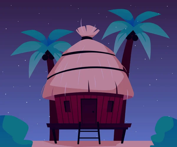 Geceleri Sazdan Çatılı Bir Bungalov Sahildeki Palmiye Ağaçlarının Yanında Küçük — Stok Vektör