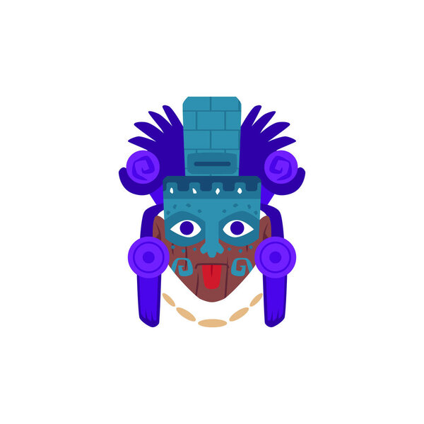 Mayan idol decorated mask with big eyes, tongue. Aztec, Maya totem face, religious symbol. Tribal warrior mask. Maya ancient civilization culture and traditions. Cartoon vector isolated illustration
