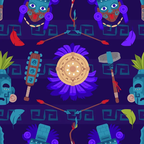 マヤ文明は シームレスなパターン フラットベクターのイラストに起因する マヤのマスクと武器 ハンマー バットが付いている古い木製の弓 古代文明トーテム — ストックベクタ