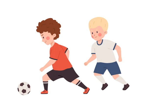 Crianças Jogam Futebol Dois Rapazes Felizes Jogar Futebol Crianças Dos — Vetor de Stock