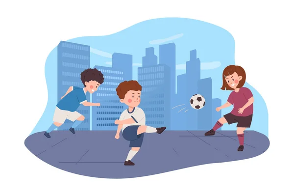 子供たちはサッカーをしたり 幸せな女の子や少年が遊び場でサッカーをする スポーツウェアの漫画の子供たちがサッカーボールを蹴る スポーツゲーム競技ベクトルイラストを白で分離 — ストックベクタ