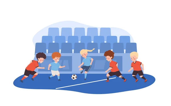 子供たちはサッカー ハッピーガール 少年たちが観客席でサッカーをする スポーツウェアの漫画の子供たちがサッカーボールを蹴る スポーツゲーム競技ベクトルイラスト単離 — ストックベクタ