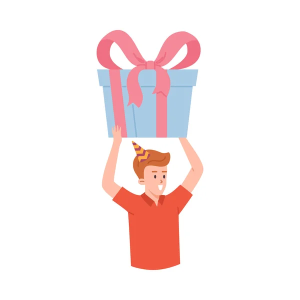 Happy Man Holding Gift Box Flat Vector Illustration Isolated White — Stock Vector