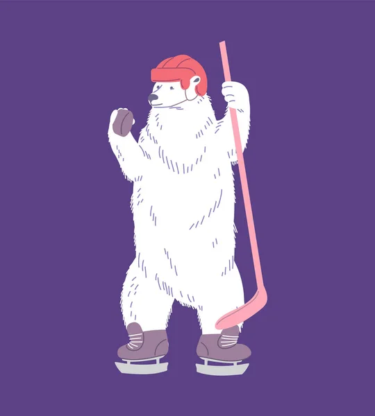 Милый Белый Медведь Хоккейной Экипировке Мультяшная Плоская Векторная Иллюстрация Темном — стоковый вектор