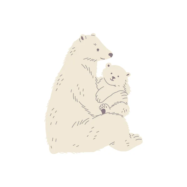 白い背景に隔離されたベクターのイラストを平らなスタイルで一緒に座っているかわいい極熊 装飾的なデザイン要素 母親とキューブキャラクター 愛と家族 野生生物と自然 — ストックベクタ