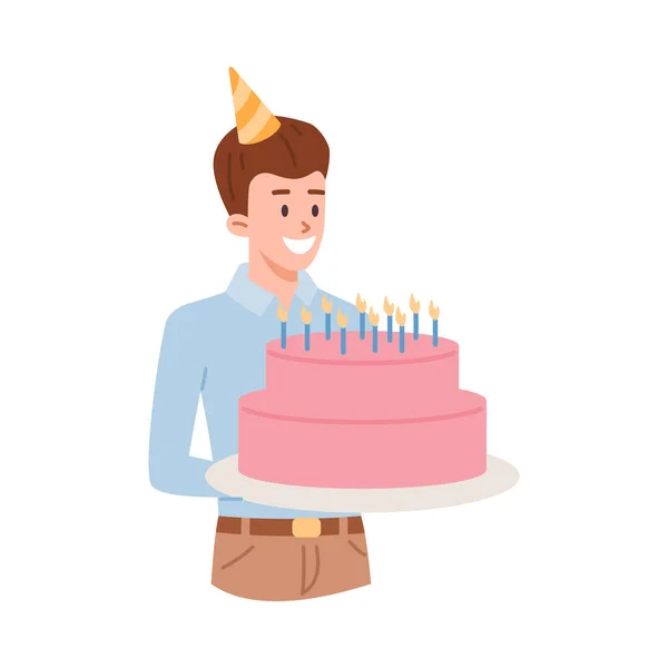 Smiling Young Man Holiday Cone Hat Holding Big Pink Cake — Stock Vector