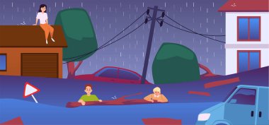 Umutsuzca hayatta kalmak insanları sel felaketinde etkiledi. Çocuklar, sular altında kalmış şehir caddesinde yüzen arabalar. Acil durum, fırtına, kasırga, aşırı hava felaketlerinin temsilcisi..