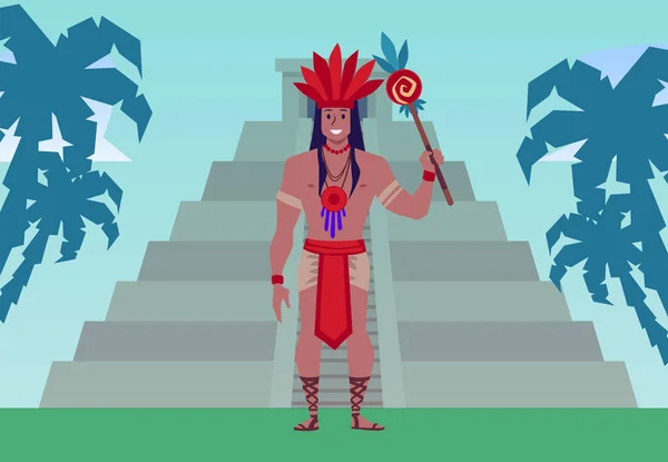 Geleneksel Maya Medeniyeti Kostümlü Gülümseyen Adam Piramidin Önünde Tüyleri Düz — Stok Vektör
