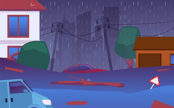 Inondation Ville Catastrophe Naturelle Avec Pluie Tempête Panneau Routier Débris — Image vectorielle