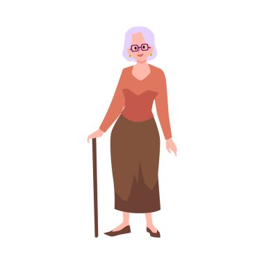 Beyaz saçlı ve bastonlu yaşlı bir kadın, beyaz arka planda izole edilmiş düz vektör çizimi. Gözlüklü neşeli büyükanne. Aile kavramı.