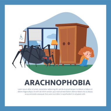 Mesajlı Araknofobi posteri. Küçük kız odasındaki büyük örümcekten korkuyor. Düz vektör çizimi. Çocuk fobisi kavramı. Gardırobun arkasına saklanan korkmuş ve korkmuş bir çocuk..