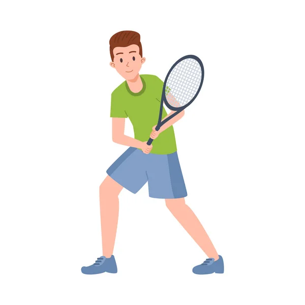 Векторная Иллюстрация Молодого Человека Спортивной Форме Играет Теннис Ловит Бьет — стоковый вектор
