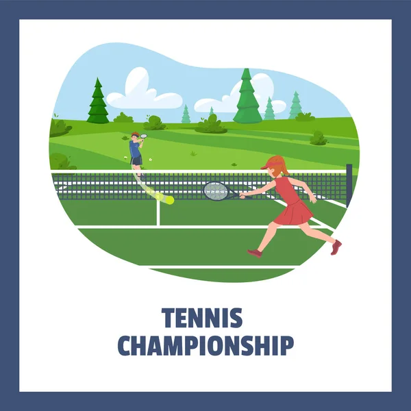 Дизайн Баннера Чемпионата Теннису Персонажем Игрока Лужайке Плоская Векторная Иллюстрация — стоковый вектор