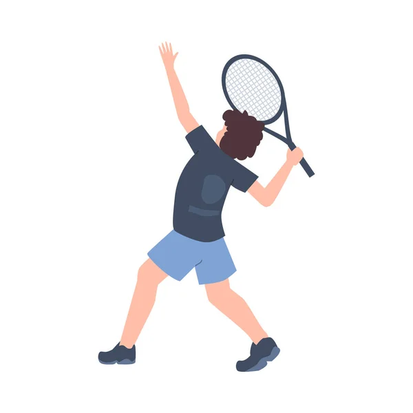 拿着网球拍的小男孩仰视着扁平的风格 在白色背景上孤立的矢量图解 装饰设计元素 运动和业余爱好 积极性格 — 图库矢量图片