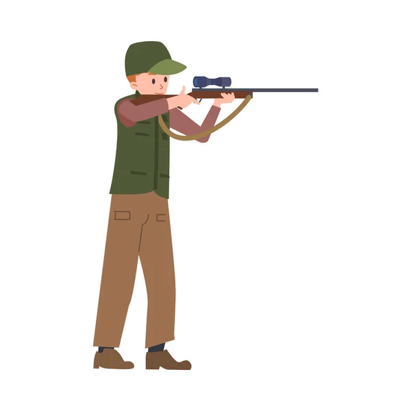 Ilustración Vectorial Del Hombre Cazador Pie Apuntando Arma Rifle Camuflaje — Vector de stock