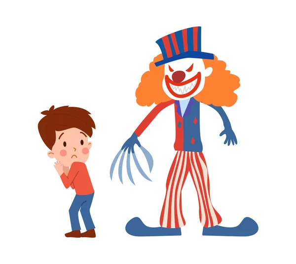 Vector Illustration Little Boy Afraid Clown Red Eyes Claw Hand — Stock Vector