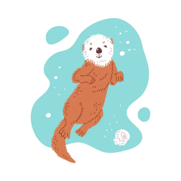 Carino Cartone Animato Lontra Mare Nuotare Nel Fiume Sorridere Illustrazione — Vettoriale Stock