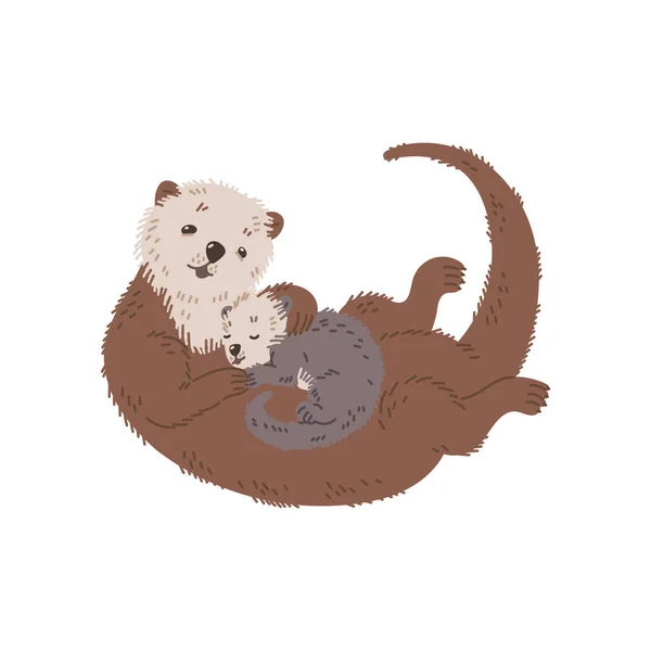 母オタクは 彼女の胃の上に横たわっている彼女の小さな赤ん坊を抱きしめ 白い背景に隔離された平らなベクターのイラスト 野生のかわいいラッコ動物たち — ストックベクタ