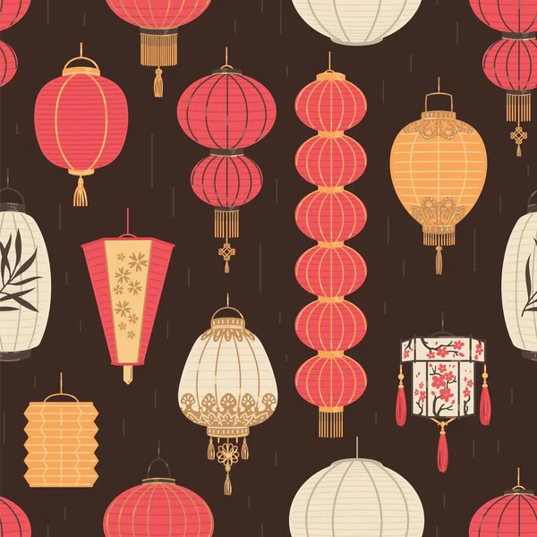 无缝图案与日本或中国的各种灯笼 月桂树灯笼 花形图案 红色辫子 椭圆形 亚洲文化的媒介图解 — 图库矢量图片