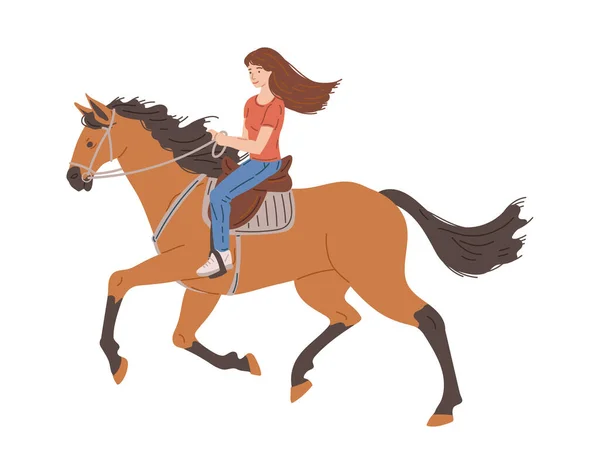 Happy Kid Girl Galloping Saddle Horseback Flat Style Vector Illustration — Stock Vector