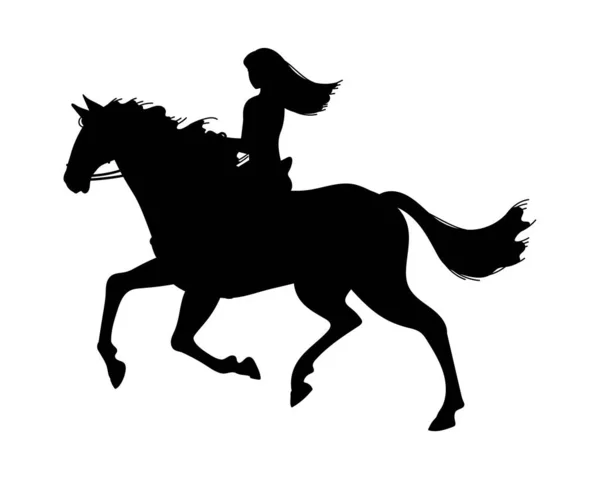 Zwart Silhouet Van Vrouw Paard Platte Stijl Vector Illustratie Geïsoleerd — Stockvector