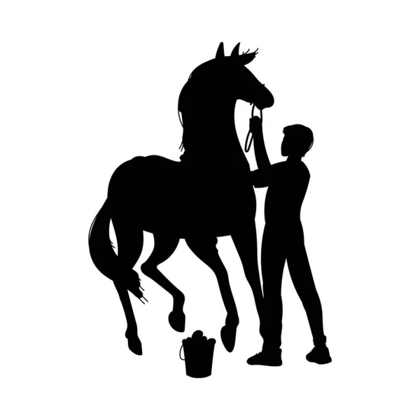 Silhouette Man Washing Horse Bucket Water Vector Illustration Isolated White — Stock Vector