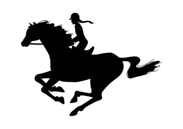 ホースバックフラットスタイルのヘルメットの若い少女の黒いシルエット 白い背景に隔離されたベクターイラスト 装飾的なデザイン要素 乗馬クラブ 馬のスポーツ — ストックベクタ