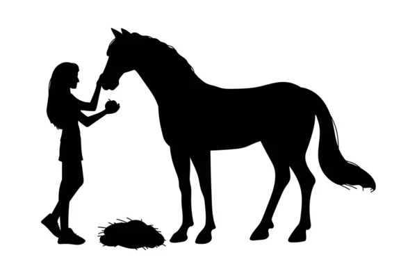 Black Silhouette Woman Feeding Horse Flat Style Vector Illustration Isolated — Stock Vector
