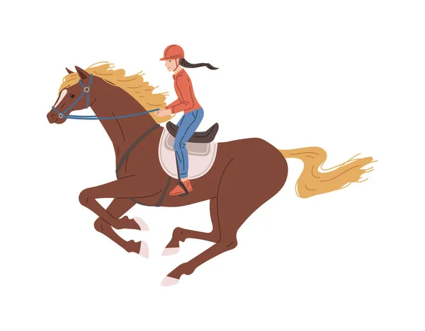 茶色の馬のフラットスタイルをギャラップするヘルメットの子供の少女 白い背景に隔離されたベクターのイラスト スポーツ 装飾的なデザイン要素 — ストックベクタ