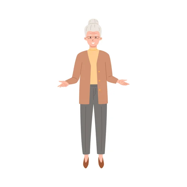 Elderly Woman Character Explains Presents Shows Something Older Woman Talks — Stock Vector