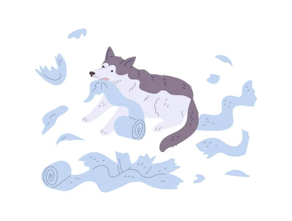 Niegrzeczny Pies Przeżuwający Rozrywający Papier Toaletowy Rozrzucone Strzępy Złe Zachowanie — Wektor stockowy