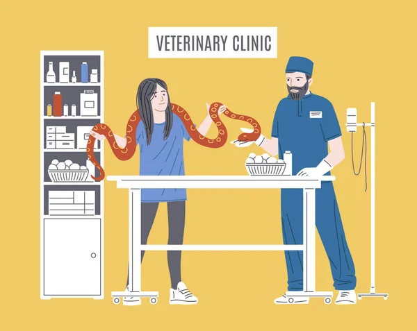 Femme Avec Gros Serpent Rouge Dans Clinique Vétérinaire Consultation Serpent — Image vectorielle