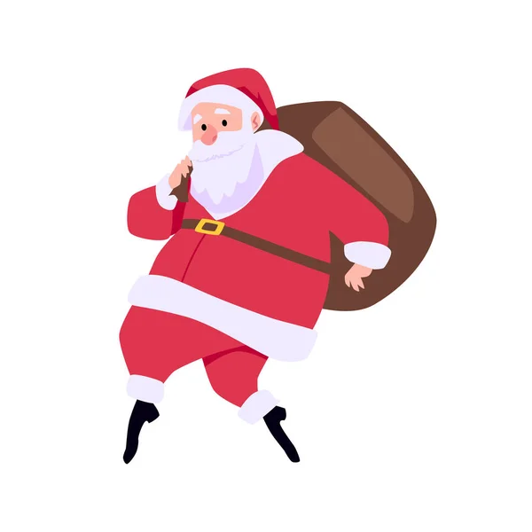 Netter Weihnachtsmann Mit Großer Geschenktüte Schleichen Auf Zehen Flachen Stil — Stockvektor