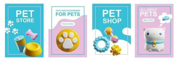Cartazes Definir Tamplate Com Renderização Pet Store Food Brinquedos Acessórios — Vetor de Stock