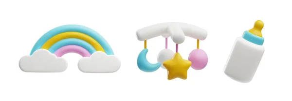 3Dカラフルな虹 太鼓とカルーセルが付いているびん 新生児のための明るい面白い子供のおもちゃと栄養 プラスチックベビーデコレーション 3Dレンダリングセットアイコン 漫画ベクトルイラスト — ストックベクタ