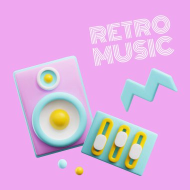 Retro müzik hakkında kare pankart, pembe arka planda izole edilmiş vektör illüstrasyonu. Gerçekçi müzik sütunu ve konsolu, dekoratif tasarım metin, yaratıcı ve boş zaman