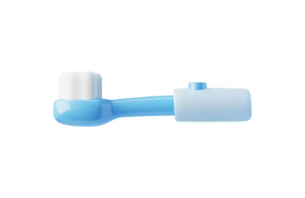 ボタン3Dスタイルの青い小さな歯ブラシ 白い背景で隔離されたベクターのイラスト 装飾的な設計要素 口腔衛生 ヘルスケアのためのツール — ストックベクタ