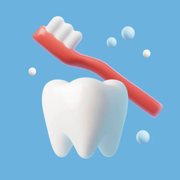 洁白洁白的牙齿与牙刷符号 3D逼真的矢量图形孤立在蓝色的背景上 牙齿卫生和清洁 牙齿健康概念 — 图库矢量图片