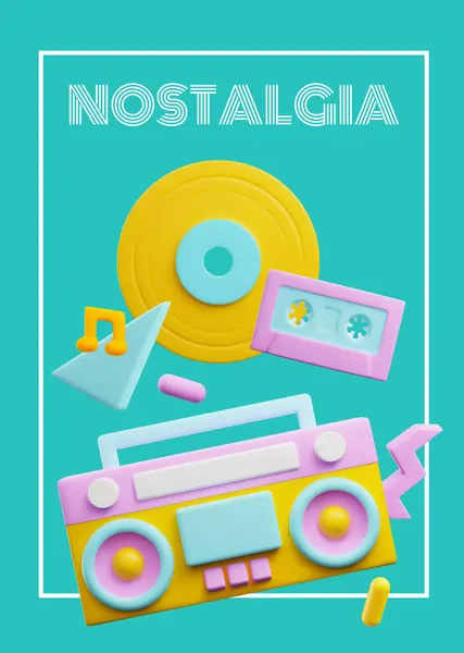 Ρετρό Music Player Κασέτα Και Βινύλιο Χαριτωμένο Στυλ Νοσταλγία Αφίσα — Διανυσματικό Αρχείο