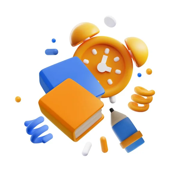 Réveil Orange Avec Livres Crayon Confettis Décorés Gestion Temps Minuterie — Image vectorielle