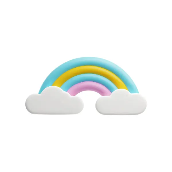 雲がついた3Dカラフルな虹 子供の遊び心のある明るいおもちゃ プラスチックベビーデコレーション 3Dレンダリング天気アイコン 白い背景に隔離された漫画のベクターのイラスト — ストックベクタ