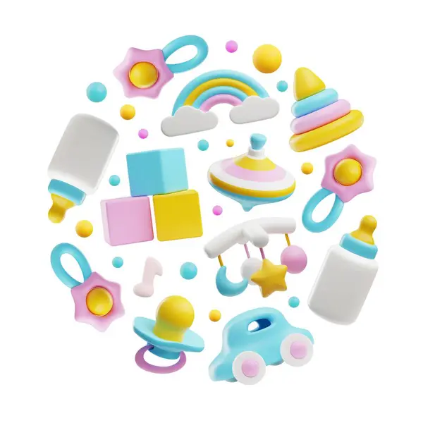 Set Von Verschiedenen Babyspielzeug Runde Zusammensetzung Stil Vektor Illustration Isoliert — Stockvektor