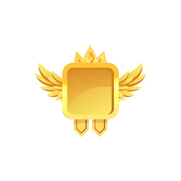 バッジ トロフィー レベルの達成 ランキングのためのゲームUiアイコン フェザーとクラウンベクターイラストの光沢のある金正方形メダル — ストックベクタ