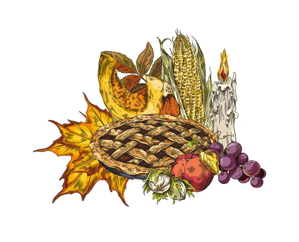 Thanksgiving Day Komposition Mit Torten Kürbis Und Naturelementen Handgezeichnete Vektorillustration — Stockvektor
