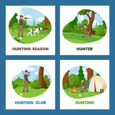 Vector av sezonu için karikatür posterleri hazırladı. İnsan, avcı av tüfeğini hedef alır, köpekle avlanır, ormanda şenlik ateşinin yanında dinlenir. Yaz dönemi hobisi, spor ya da açık hava aktiviteleri çizimleri