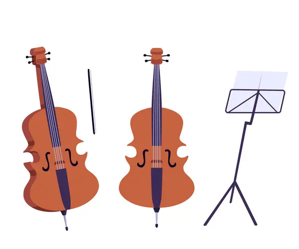 シートミュージックスタンドのチェロ音楽楽器 白い背景に隔離されたフラットベクターイラスト ヴァイオリン楽器のドローイング ジャズ ミュージックと音楽学校の概念 — ストックベクタ