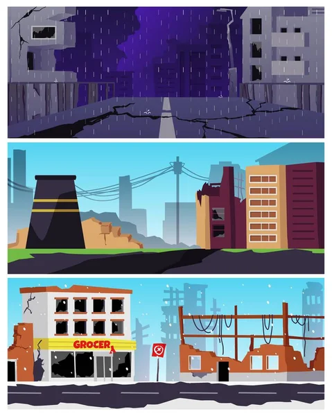 Vector Set Illustrations Apocalypse City Landscape Destroyed Factory Industral Buildings — Stock Vector