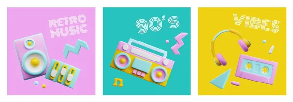 为90年代迪斯科派对制作3D风格的矢量明亮海报 还原渲染音乐听和录音设备 现实的音箱 录音机 收音机 音响扬声器 旧情人 — 图库矢量图片