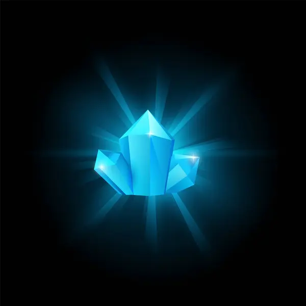 水晶蓝色闪光游戏宝石 矢量插图孤立在黑色背景 一个简单的卡通元素在形式发光的宝石 钻石绘图在正前方 — 图库矢量图片